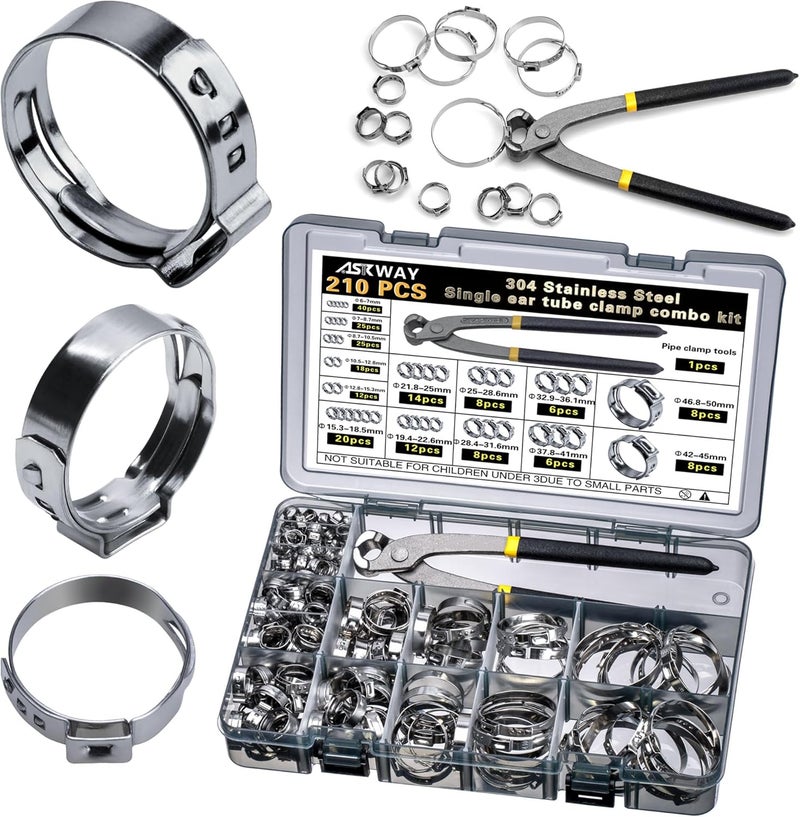 AskWay Single Ear Hose Clamp 6-50Mm 210 Pcs 14 Sizes, 304 Stainless Steel Stepless Hose Clamp, Suitable For Pex Pipe Connection, Automotive, Pipeline, Garden And Industrial Use - Image 1